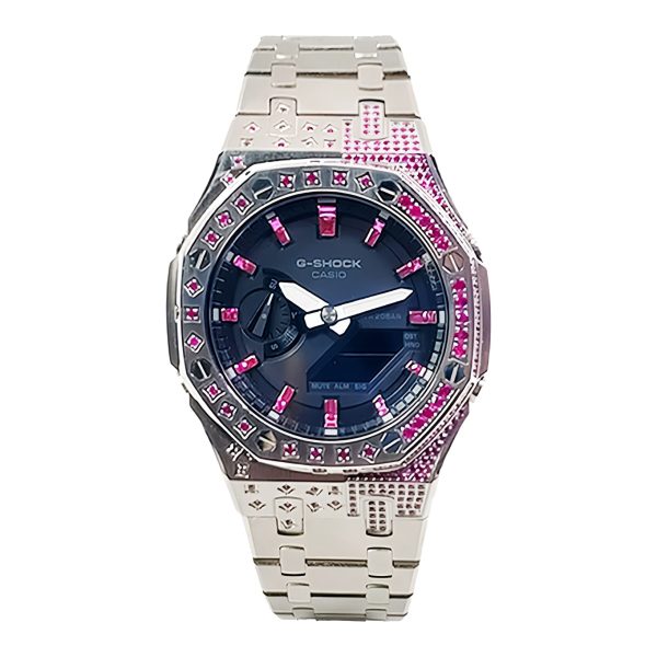 Кастомные часы Casio G-Shock Розовая Радуга Стальная Душа, стальные, вид сбоку. CasiOAK Custom, кастомные часы Casio ручна...
